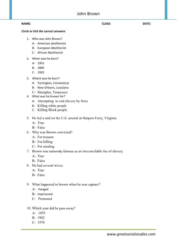 John brown bio, john brown abolitionist, student worksheets | GREAT